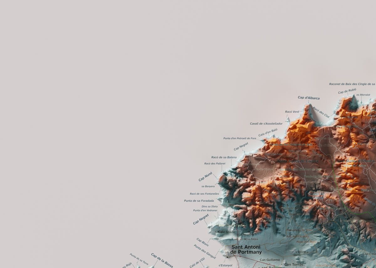 Edición revisada · Mapa topográfico de Ibiza (Eivissa), Azul y naranja, 50 × 70 cm: detalle superior izquierdo.