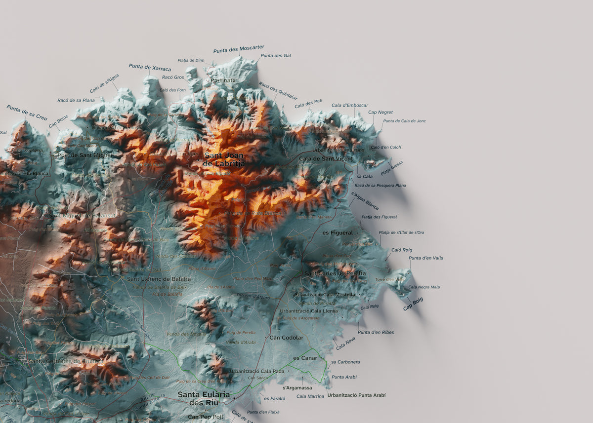 Edición revisada · Mapa topográfico de Ibiza (Eivissa), Azul y naranja, 50 × 70 cm: detalle superior derecho.