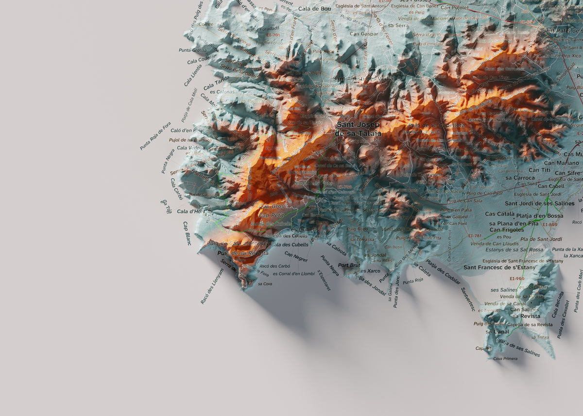 Mapa topogràfic d’Eivissa, Blau i taronja, 50 × 70 cm: detall inferior esquerre.