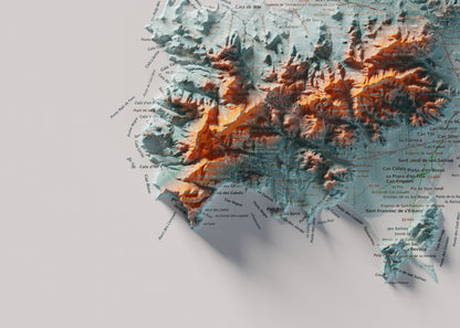 Mapa topogràfic d’Eivissa, Blau i taronja, 50 × 70 cm: detall inferior esquerre.
