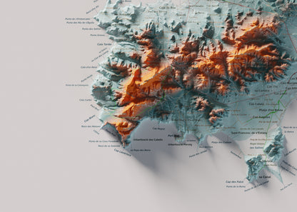 Edición revisada · Mapa topográfico de Ibiza (Eivissa), Azul y naranja, 50 × 70 cm: detalle inferior izquierdo.