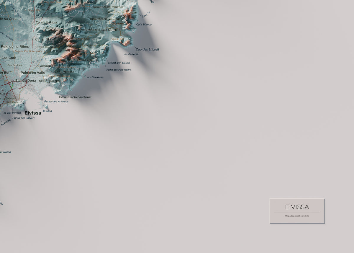 Edición revisada · Mapa topográfico de Ibiza (Eivissa), Azul y naranja, 50 × 70 cm: detalle inferior derecho.