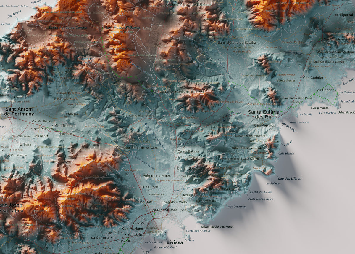 Edición revisada · Mapa topográfico de Ibiza (Eivissa), Azul y naranja, 50 × 70 cm: detalle central.