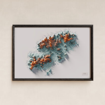 Edició octubre 2026 · Mapa topogràfic de Eivissa, Blau i taronja, 61 × 91 cm: presentació en marc negre (marc no inclòs).