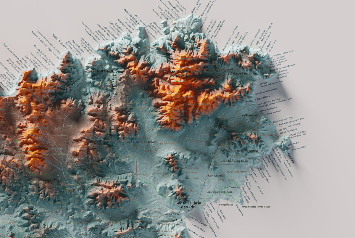 Edició octubre 2026 · Mapa topogràfic de Eivissa, Blau i taronja, 61 × 91 cm: detall de la costa nord-est.