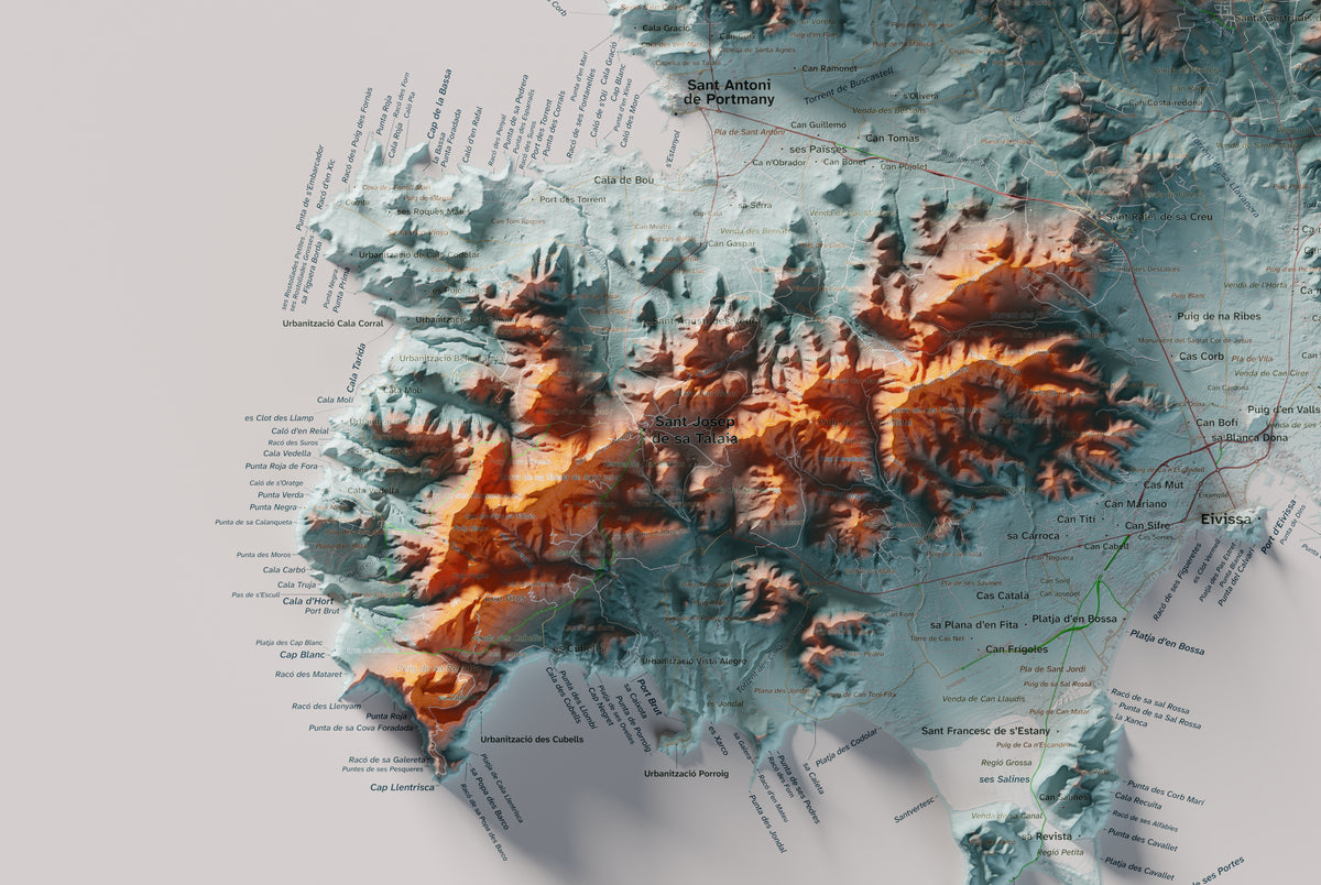 Edició octubre 2026 · Mapa topogràfic de Eivissa, Blau i taronja, 61 × 91 cm: detall de la costa sud-oest.