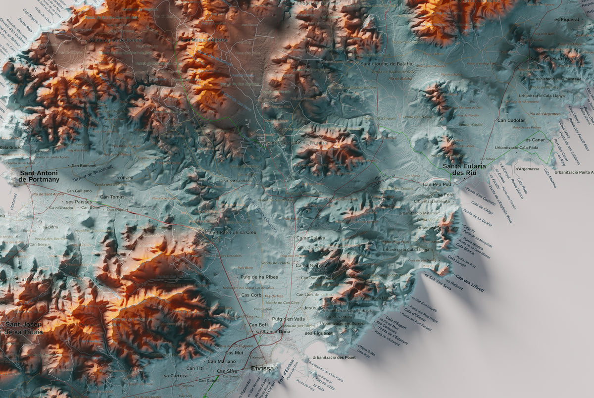 Edició octubre 2026 · Mapa topogràfic de Eivissa, Blau i taronja, 61 × 91 cm: detall central.