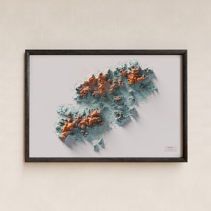 Mapa topogràfic d’Eivissa, Blau i taronja, 61 × 91 cm: presentació en marc negre (marc no inclòs).