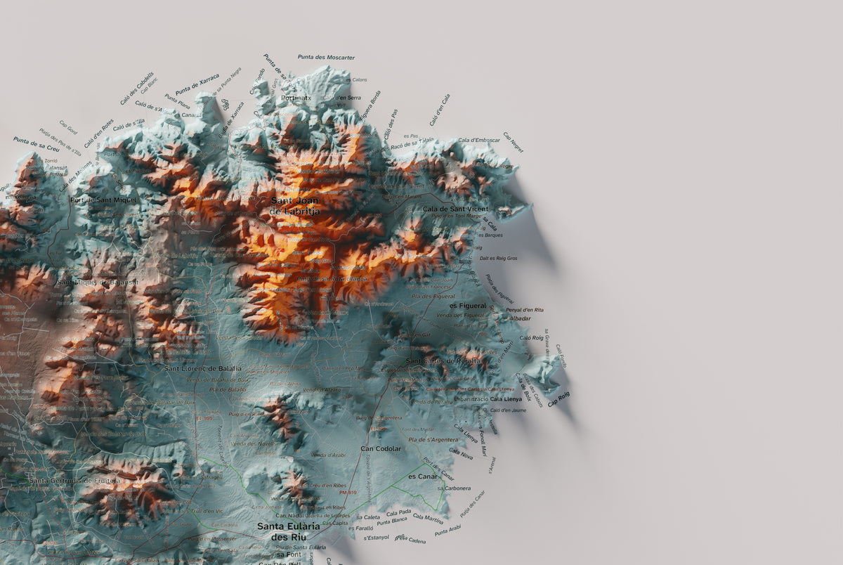 Mapa topogràfic d’Eivissa, Blau i taronja, 61 × 91 cm: detall superior dret.