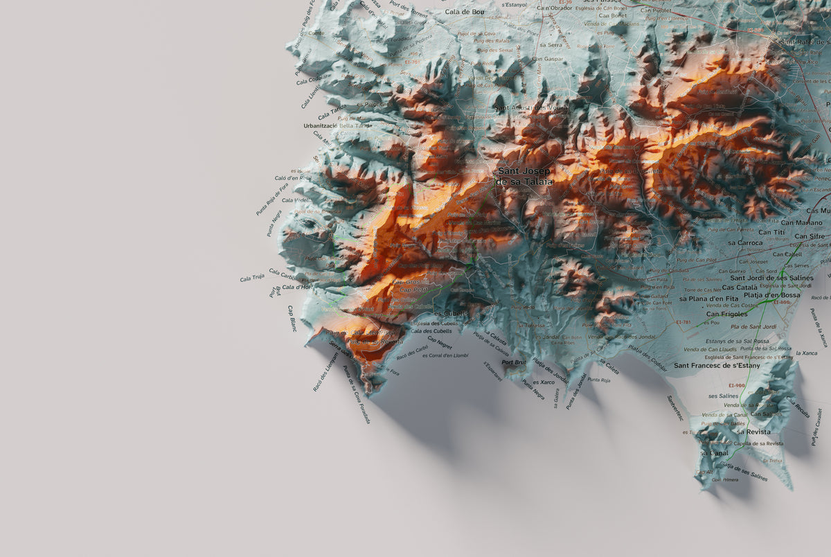 Mapa topogràfic d’Eivissa, Blau i taronja, 61 × 91 cm: detall inferior esquerre.