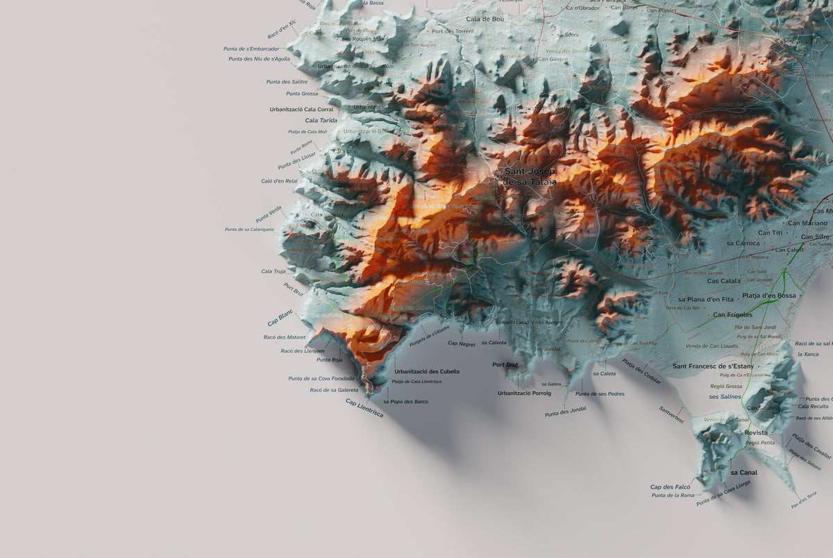 Edición revisada · Mapa topográfico de Ibiza (Eivissa), Azul y naranja, 61 × 91 cm: detalle inferior izquierdo.