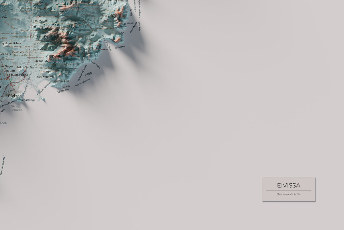 Mapa topogràfic d’Eivissa, Blau i taronja, 61 × 91 cm: detall inferior dret.