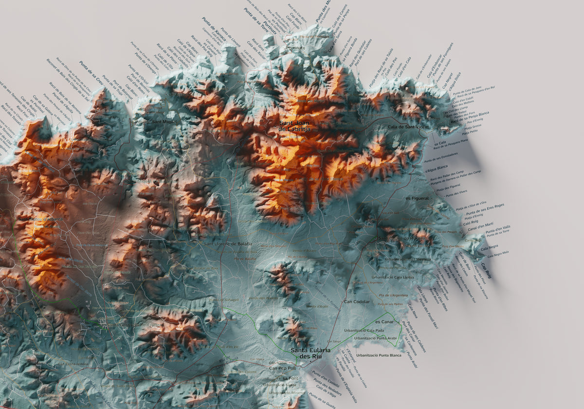 Edició octubre 2026 · Mapa topogràfic de Eivissa, Blau i taronja, 70 × 100 cm: detall de la costa nord-est.