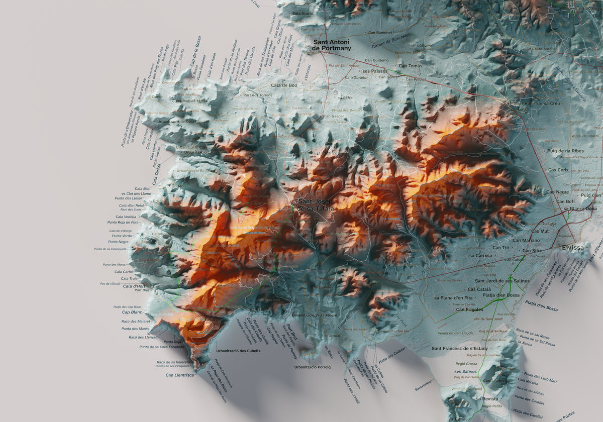 Edició octubre 2026 · Mapa topogràfic de Eivissa, Blau i taronja, 70 × 100 cm: detall de la costa sud-oest.