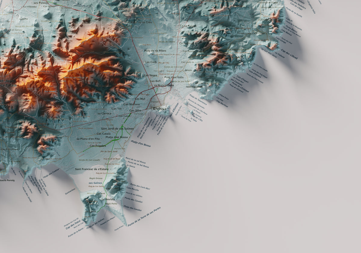 Edició octubre 2026 · Mapa topogràfic de Eivissa, Blau i taronja, 70 × 100 cm: detall de la costa sud-est.