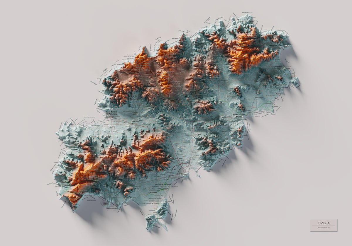 Mapa topogràfic d’Eivissa, Blau i taronja, 70 × 100 cm: mapa complet.