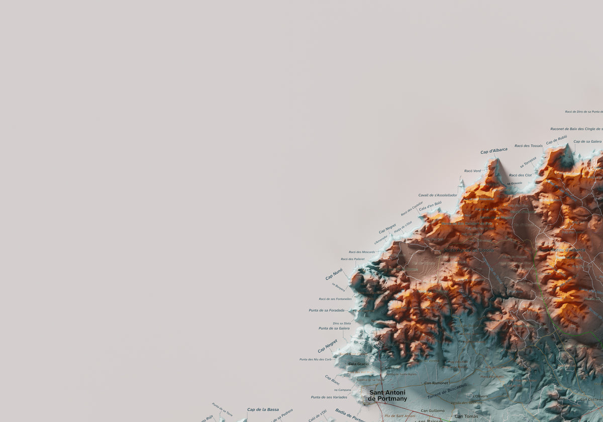 Edición revisada · Mapa topográfico de Ibiza (Eivissa), Azul y naranja, 70 × 100 cm: detalle superior izquierdo.