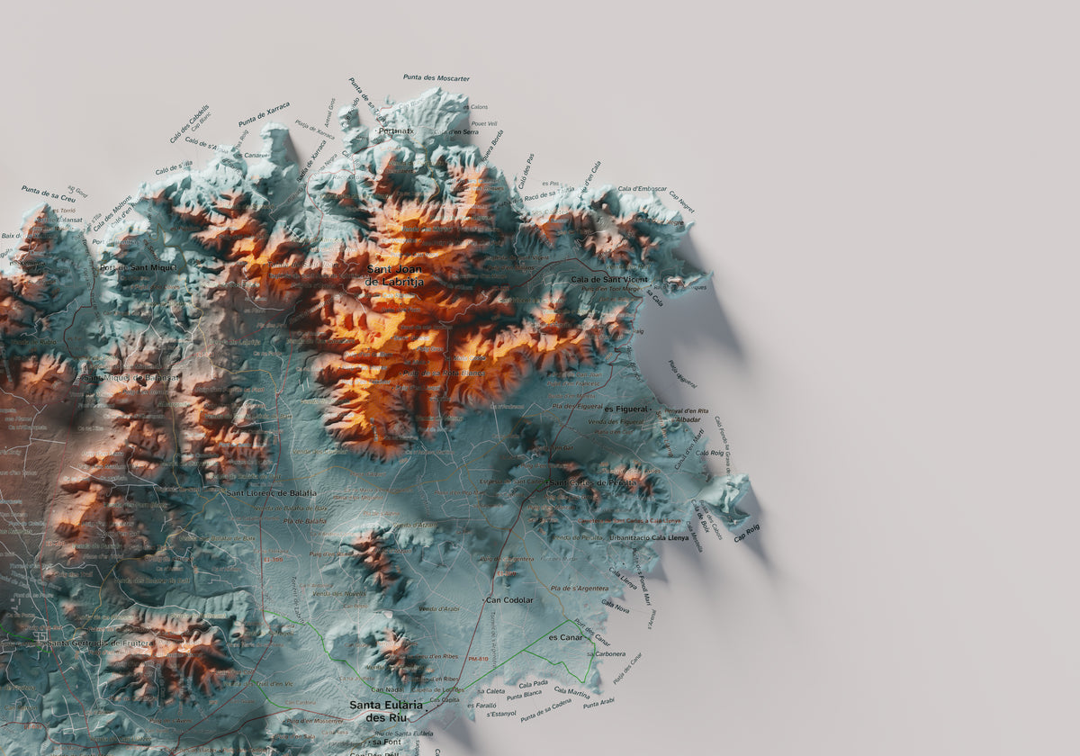 Mapa topogràfic d’Eivissa, Blau i taronja, 70 × 100 cm: detall superior dret.
