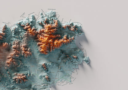 Mapa topogràfic d’Eivissa, Blau i taronja, 70 × 100 cm: detall superior dret.