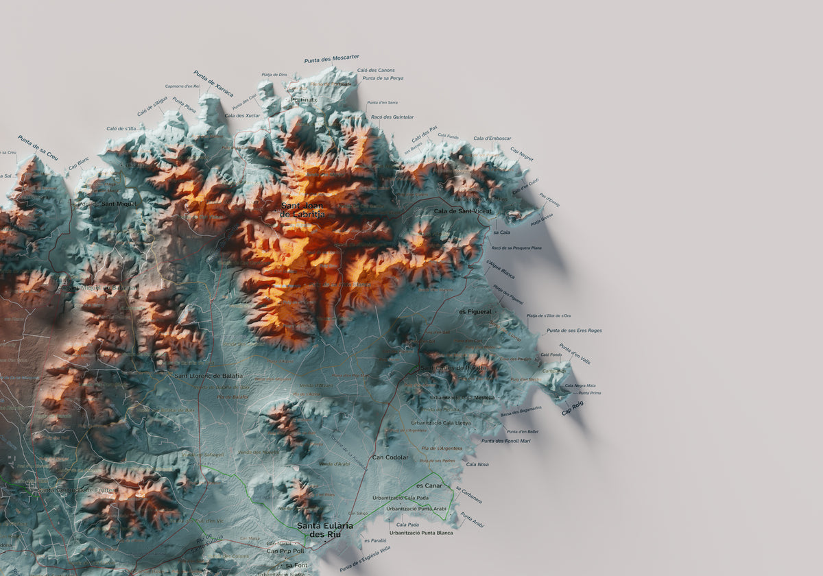 Edición revisada · Mapa topográfico de Ibiza (Eivissa), Azul y naranja, 70 × 100 cm: detalle superior derecho.