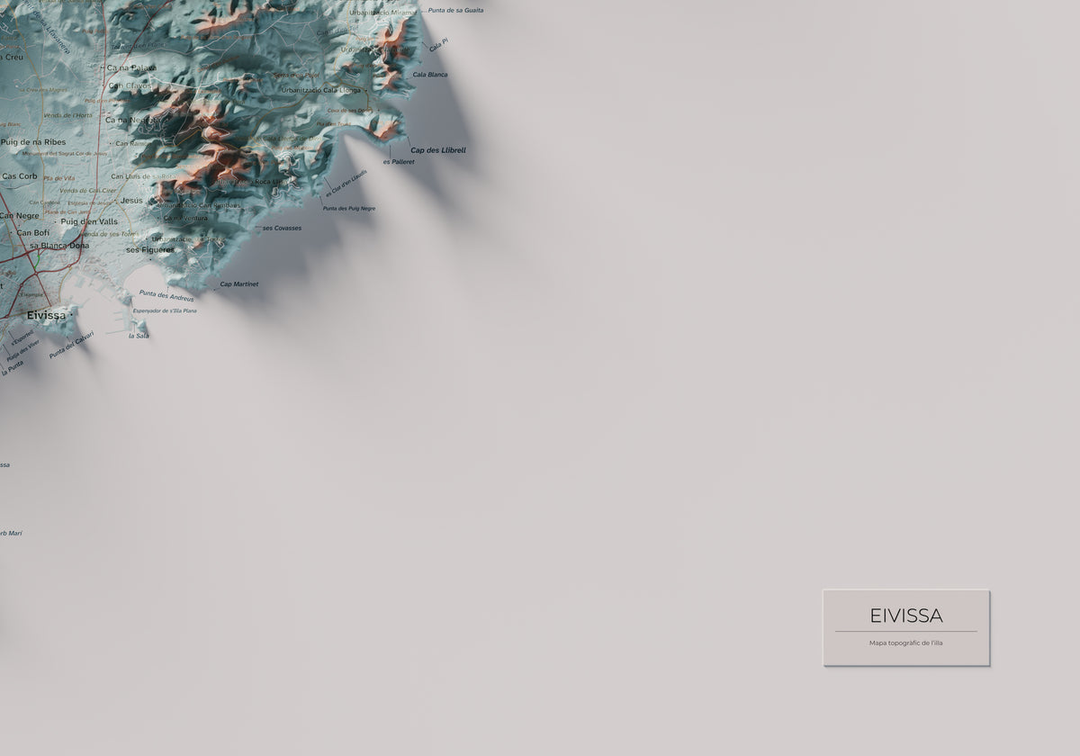 Edición revisada · Mapa topográfico de Ibiza (Eivissa), Azul y naranja, 70 × 100 cm: detalle inferior derecho.