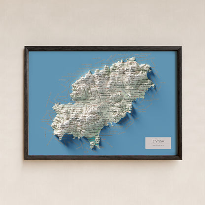 Mapa topogràfic d’Eivissa, Cartogràfic, 21 × 30 cm: presentació en marc negre (marc no inclòs).