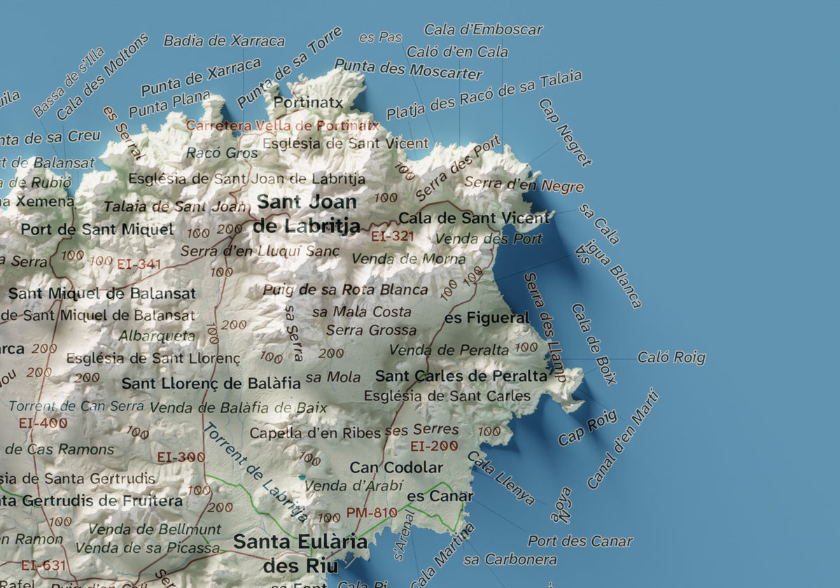 Mapa topogràfic d’Eivissa, Cartogràfic, 21 × 30 cm: detall superior dret.
