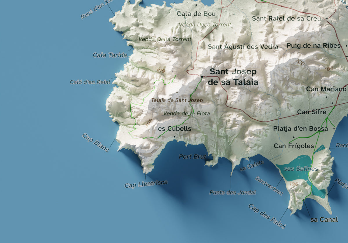 Edición revisada · Mapa topográfico de Ibiza (Eivissa), Cartográfico, 21 × 30 cm: detalle inferior izquierdo.