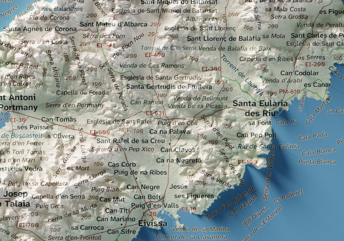 Mapa topogràfic d’Eivissa, Cartogràfic, 21 × 30 cm: detall central.