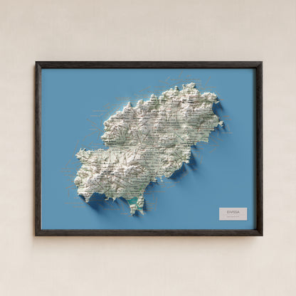 Mapa topogràfic d’Eivissa, Cartogràfic, 30 × 40 cm: presentació en marc negre (marc no inclòs).