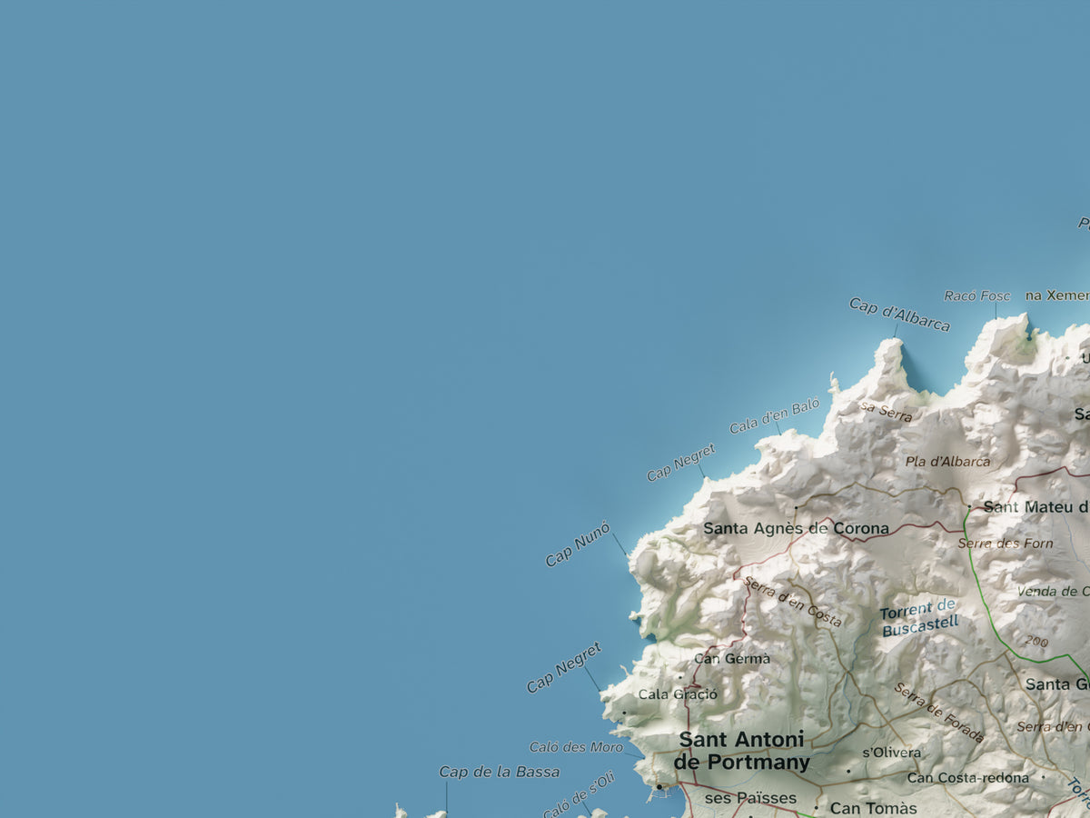 Edición revisada · Mapa topográfico de Ibiza (Eivissa), Cartográfico, 30 × 40 cm: detalle superior izquierdo.