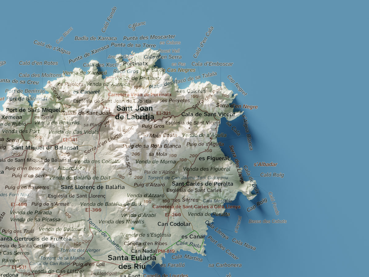 Mapa topogràfic d’Eivissa, Cartogràfic, 30 × 40 cm: detall superior dret.