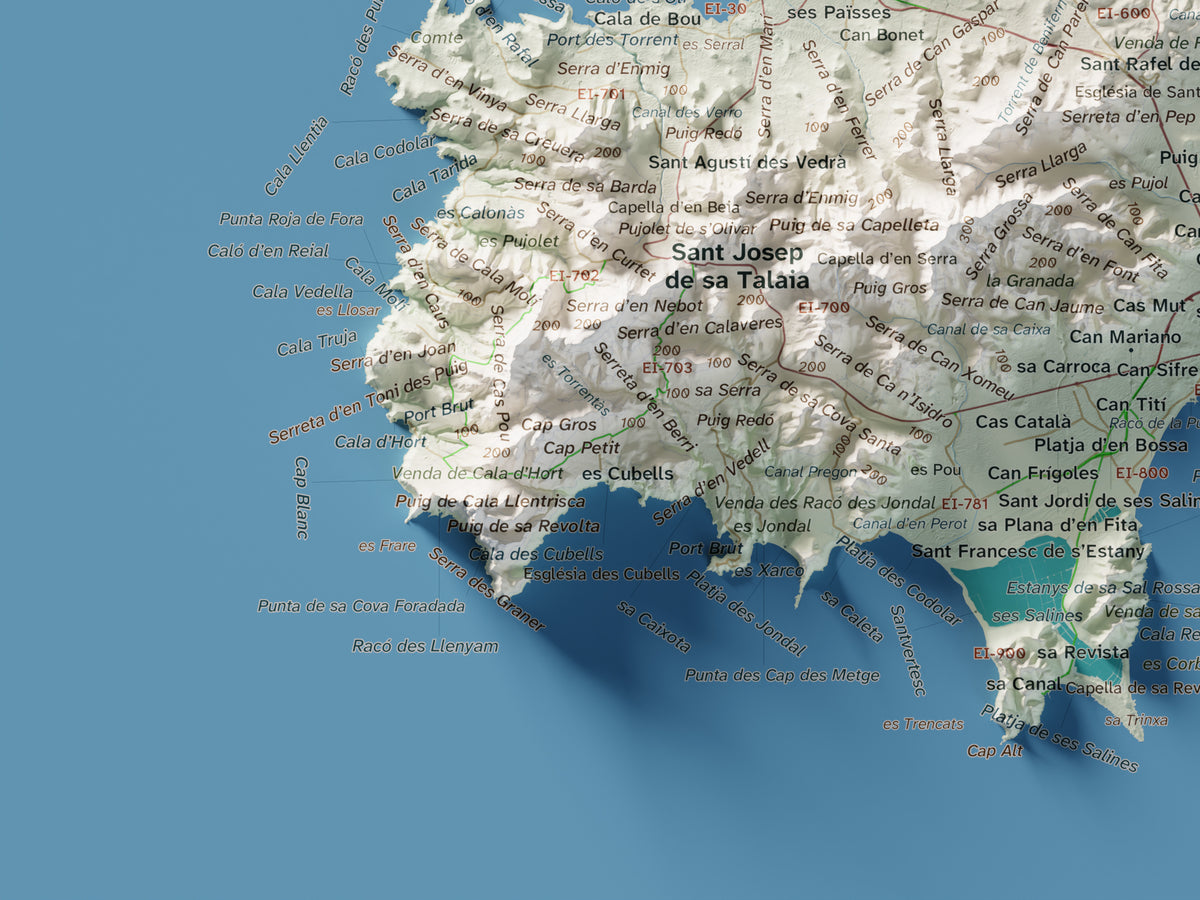 Mapa topogràfic d’Eivissa, Cartogràfic, 30 × 40 cm: detall inferior esquerre.