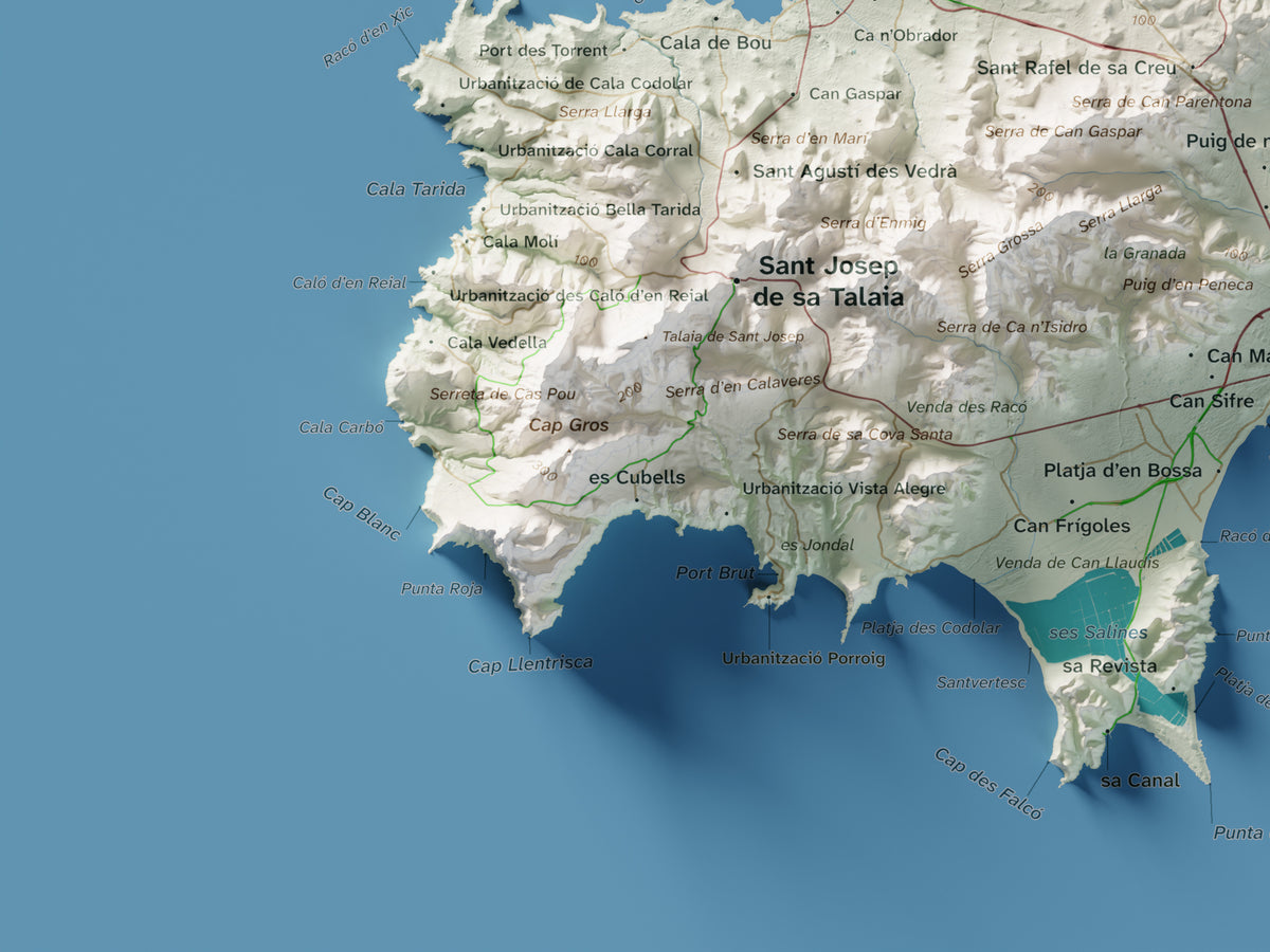 Edición revisada · Mapa topográfico de Ibiza (Eivissa), Cartográfico, 30 × 40 cm: detalle inferior izquierdo.