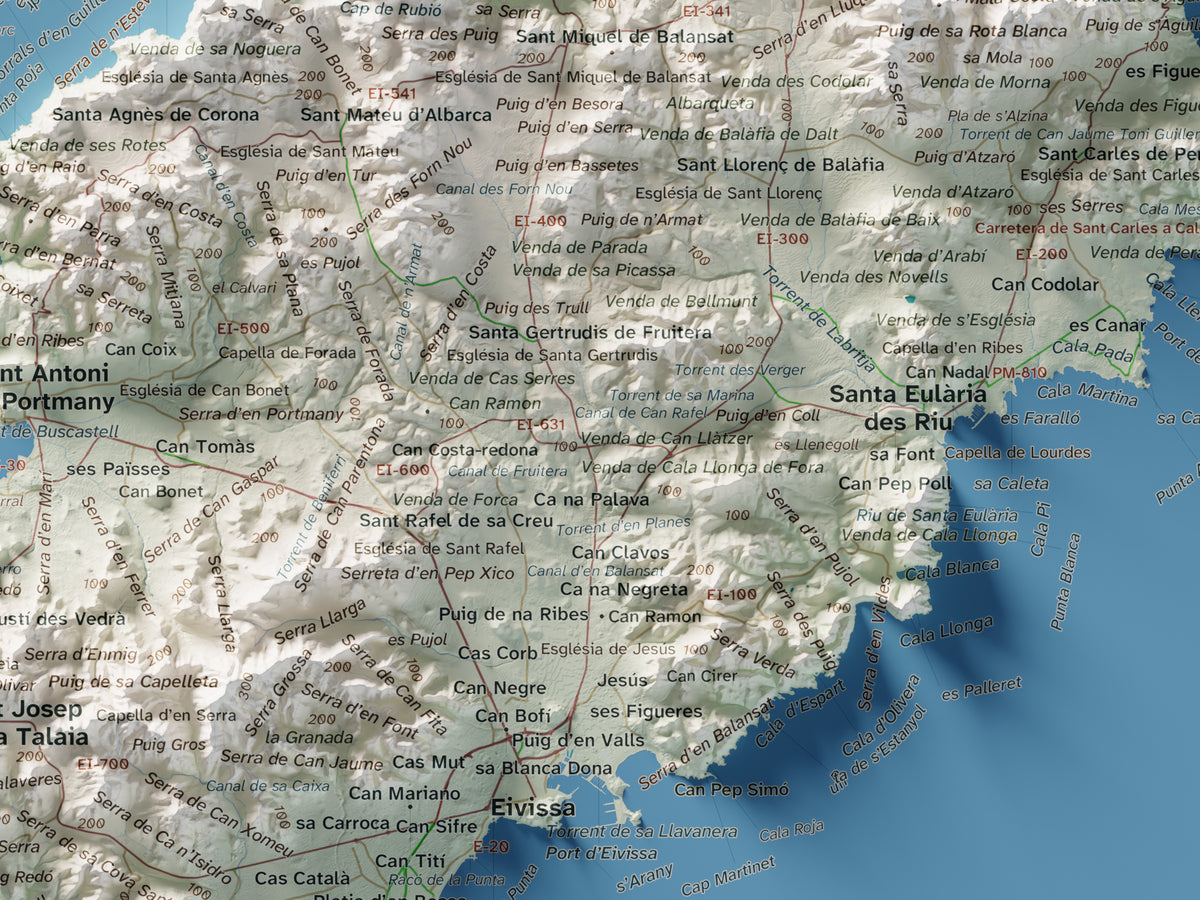 Mapa topogràfic d’Eivissa, Cartogràfic, 30 × 40 cm: detall central.