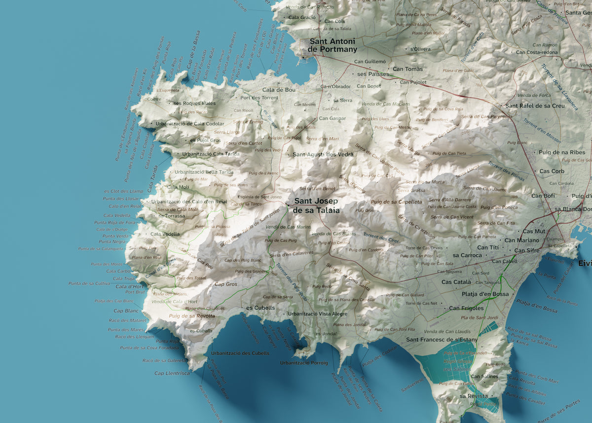 Edició octubre 2026 · Mapa topogràfic de Eivissa, Cartogràfic, 50 × 70 cm: detall de la costa sud-oest.