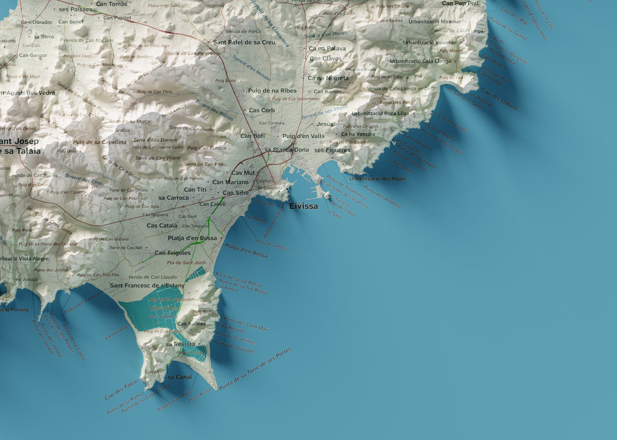 Edició octubre 2026 · Mapa topogràfic de Eivissa, Cartogràfic, 50 × 70 cm: detall de la costa sud-est.