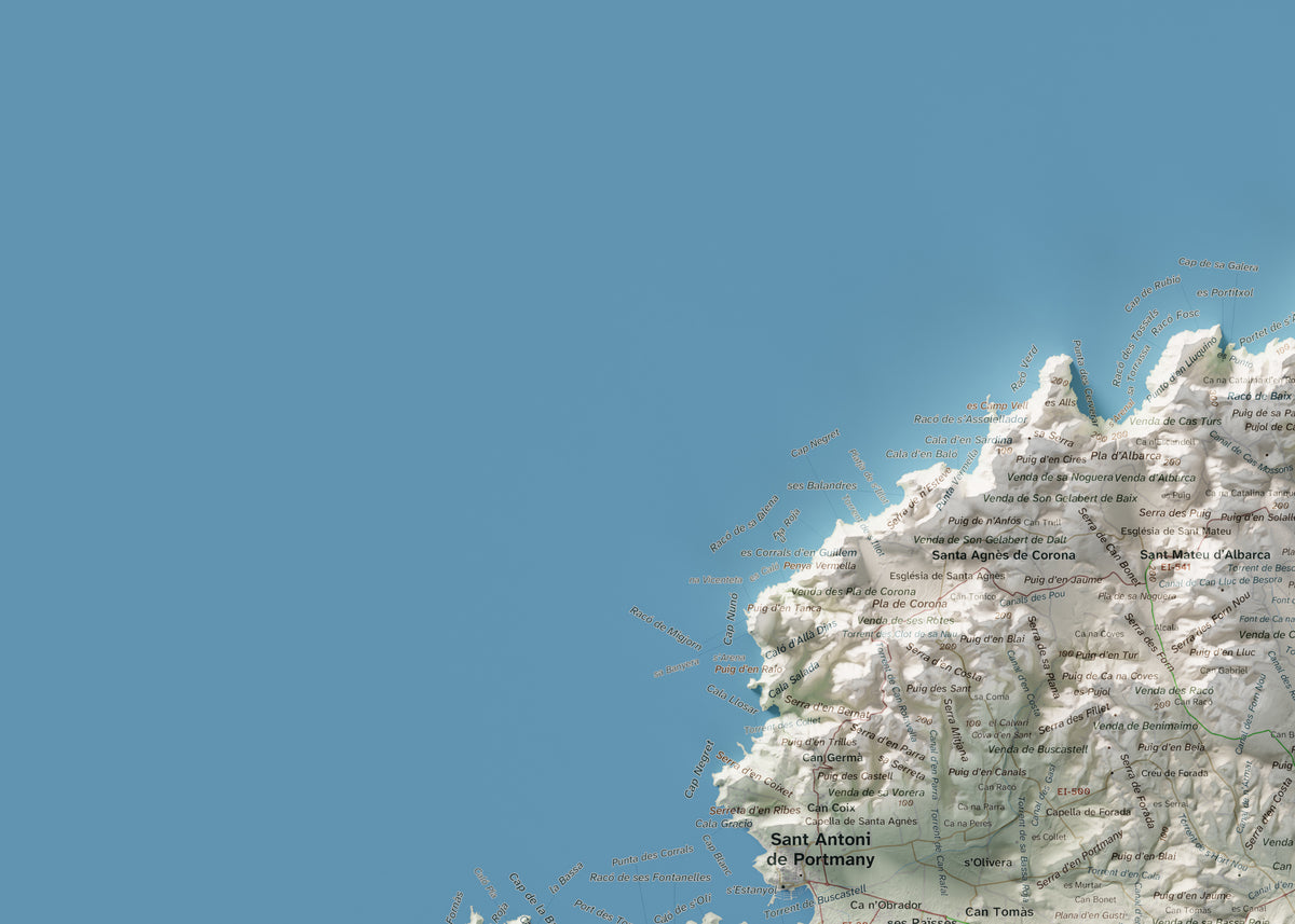 Mapa topogràfic d’Eivissa, Cartogràfic, 50 × 70 cm: detall superior esquerre.