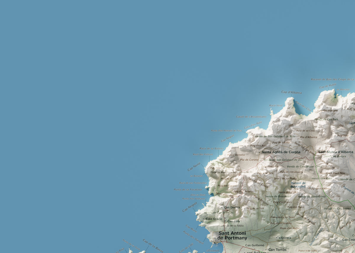Edición revisada · Mapa topográfico de Ibiza (Eivissa), Cartográfico, 50 × 70 cm: detalle superior izquierdo.