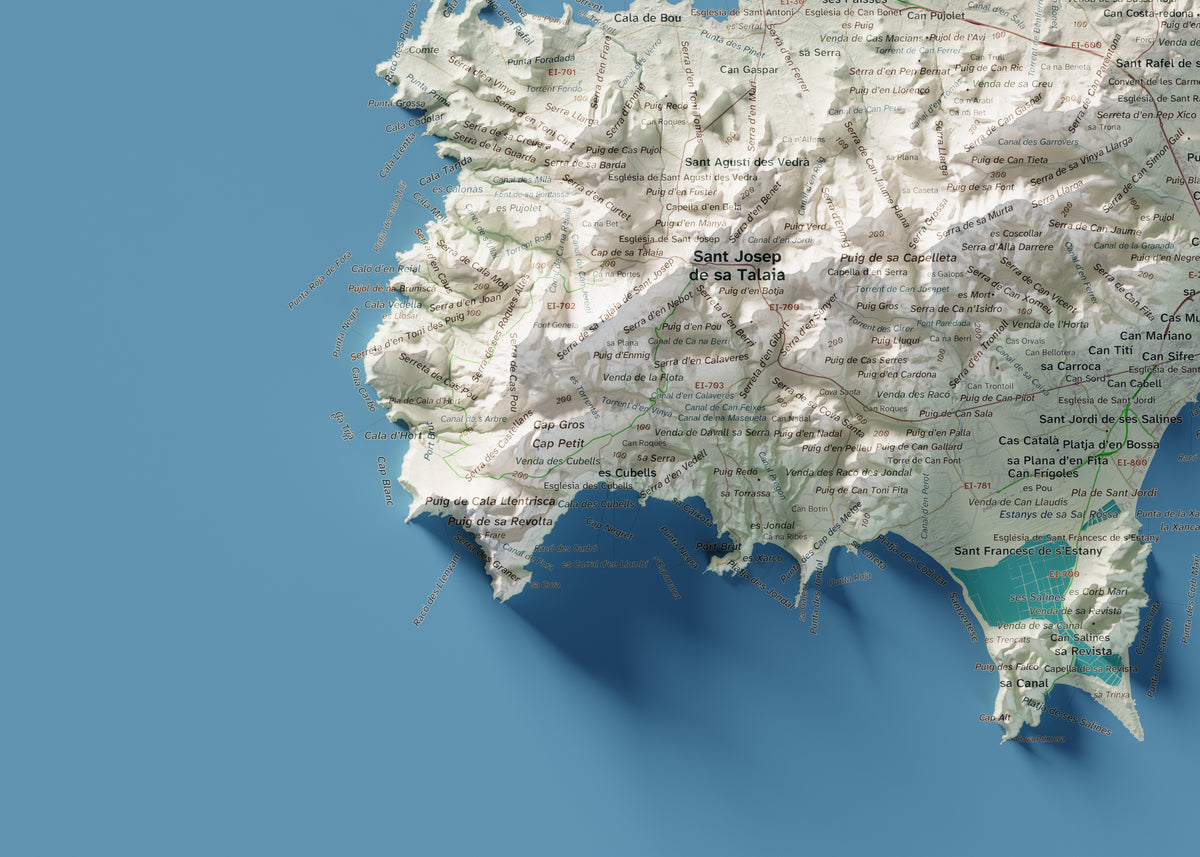 Mapa topogràfic d’Eivissa, Cartogràfic, 50 × 70 cm: detall inferior esquerre.