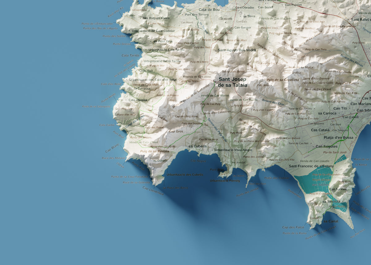 Edición revisada · Mapa topográfico de Ibiza (Eivissa), Cartográfico, 50 × 70 cm: detalle inferior izquierdo.