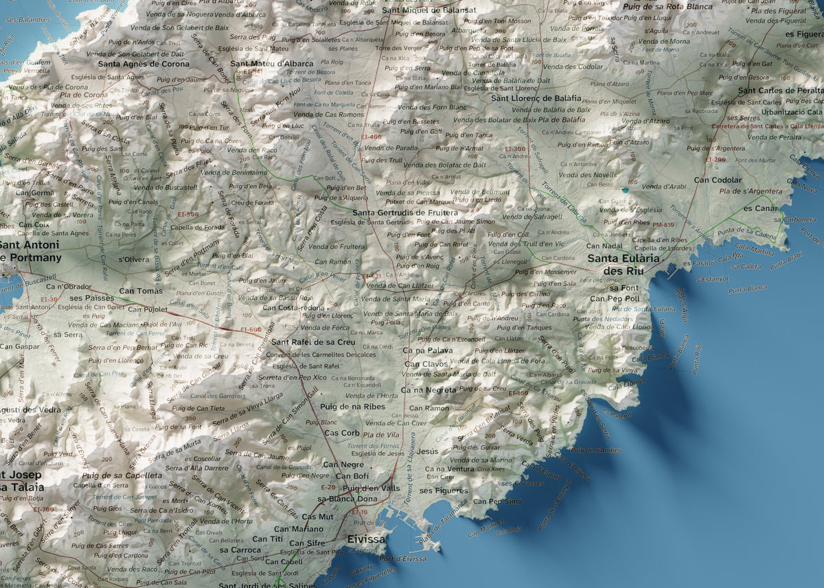 Mapa topogràfic d’Eivissa, Cartogràfic, 50 × 70 cm: detall central.