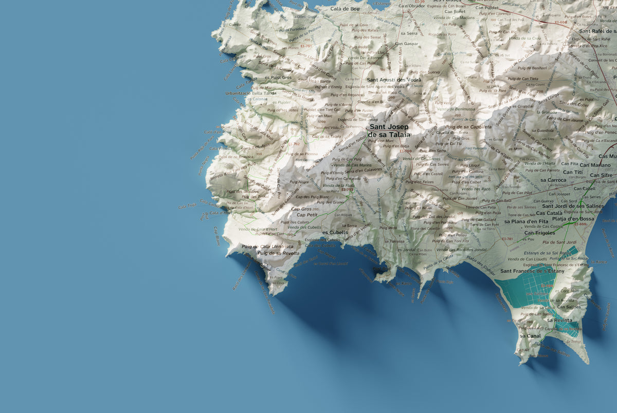 Mapa topogràfic d’Eivissa, Cartogràfic, 61 × 91 cm: detall inferior esquerre.