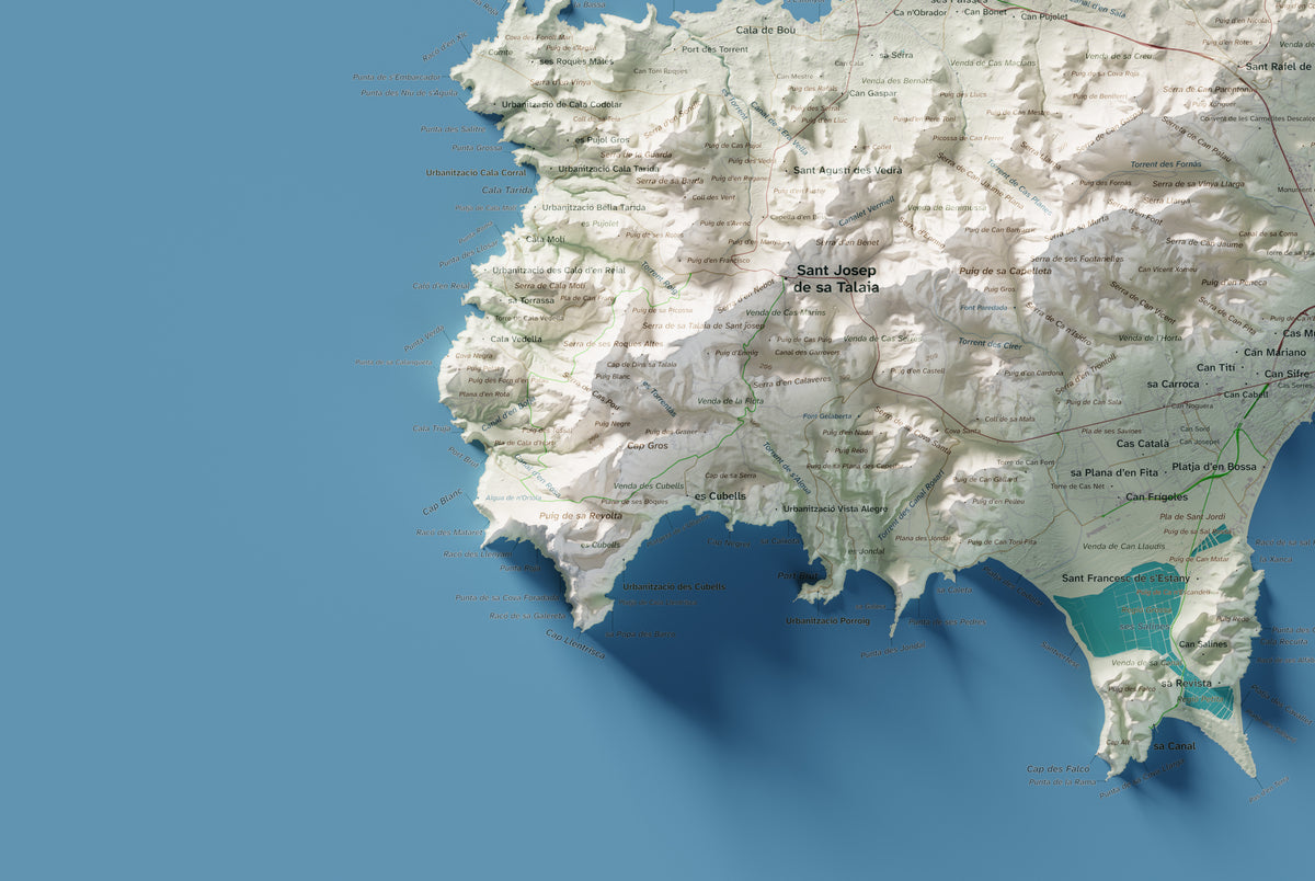 Edición revisada · Mapa topográfico de Ibiza (Eivissa), Cartográfico, 61 × 91 cm: detalle inferior izquierdo.