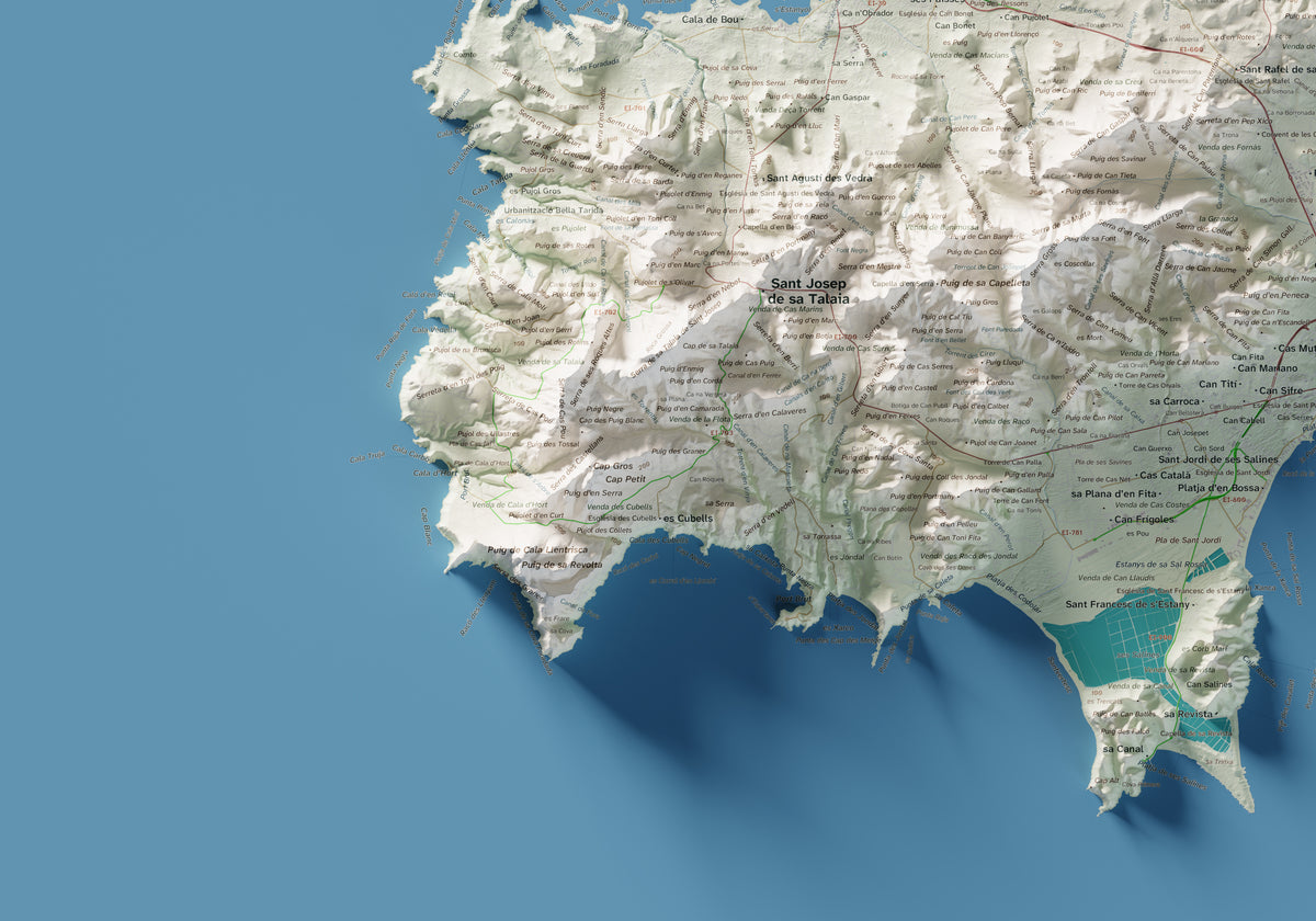 Mapa topogràfic d’Eivissa, Cartogràfic, 70 × 100 cm: detall inferior esquerre.