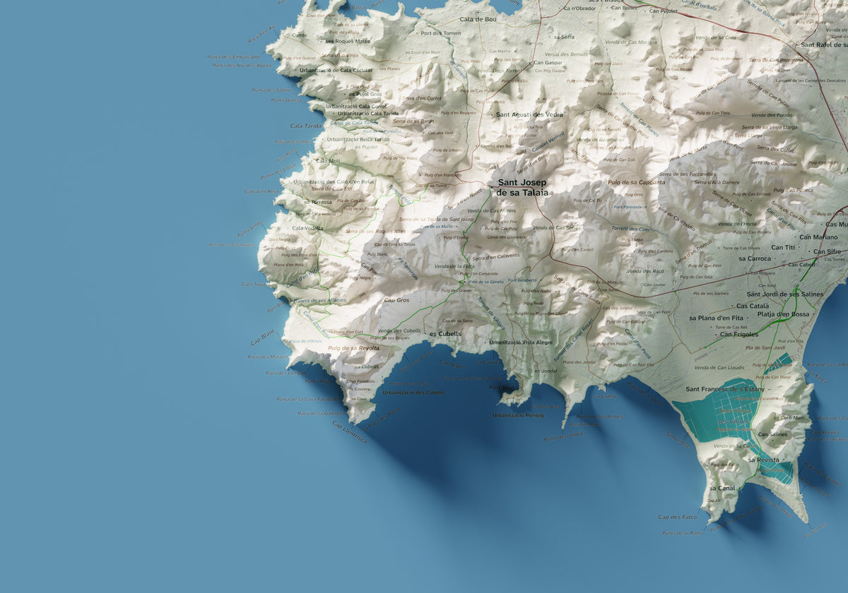 Edición revisada · Mapa topográfico de Ibiza (Eivissa), Cartográfico, 70 × 100 cm: detalle inferior izquierdo.