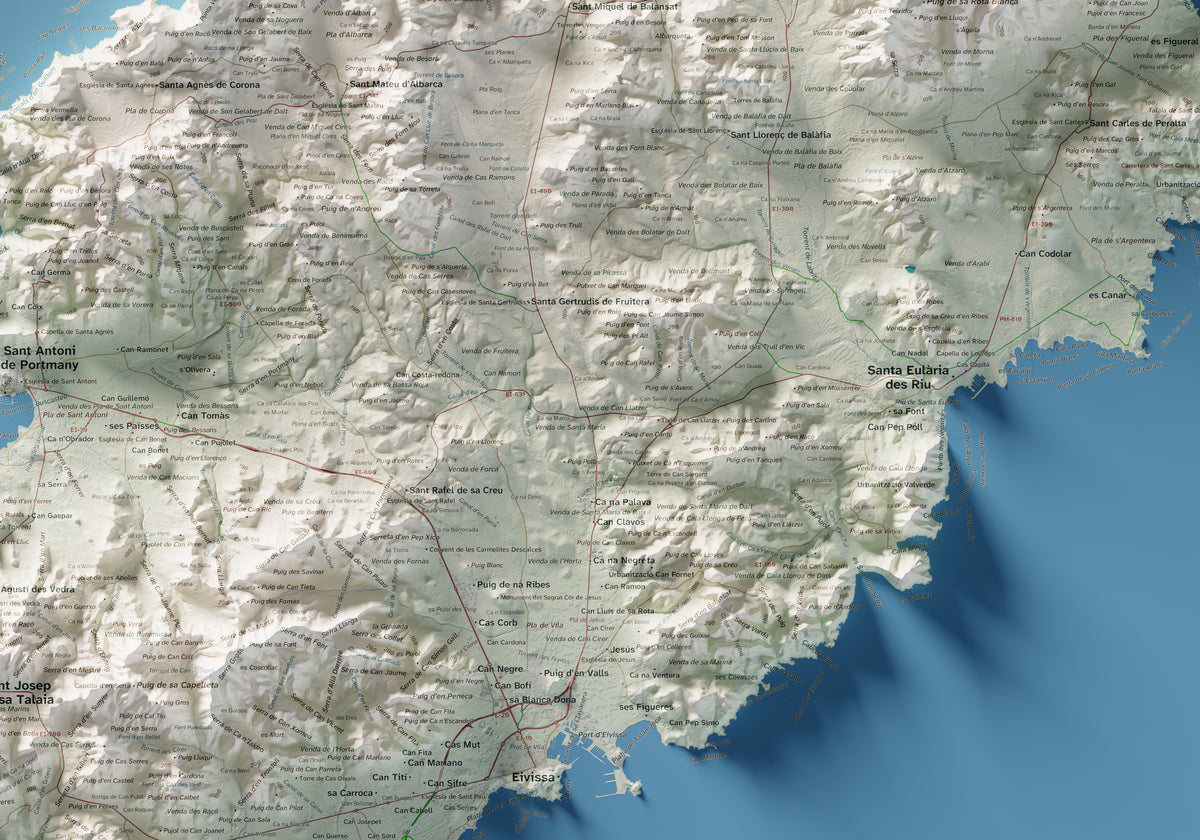 Mapa topogràfic d’Eivissa, Cartogràfic, 70 × 100 cm: detall central.
