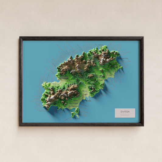 Edició octubre 2026 · Mapa topogràfic de Eivissa, Clàssic, 21 × 30 cm: presentació en marc negre (marc no inclòs).