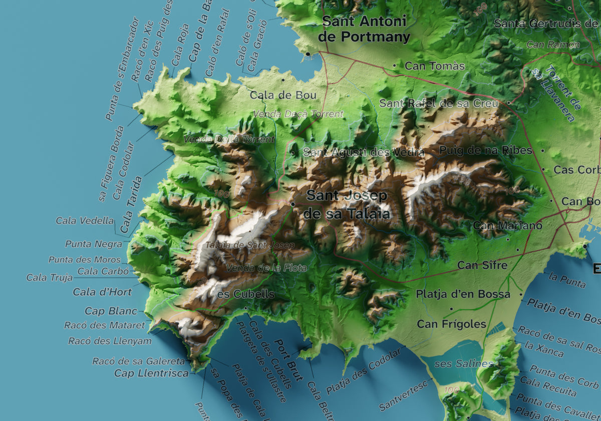 Edició octubre 2026 · Mapa topogràfic de Eivissa, Clàssic, 21 × 30 cm: detall de la costa sud-oest.