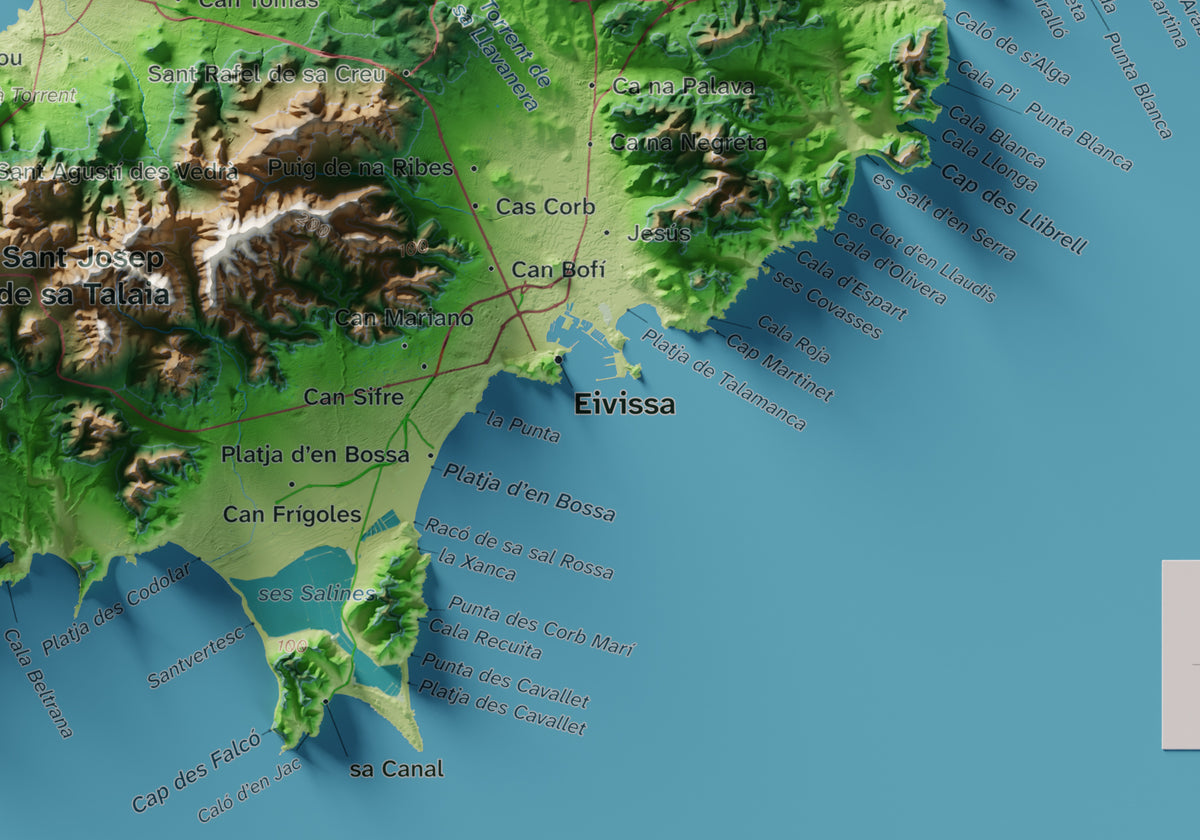 Edició octubre 2026 · Mapa topogràfic de Eivissa, Clàssic, 21 × 30 cm: detall de la costa sud-est.